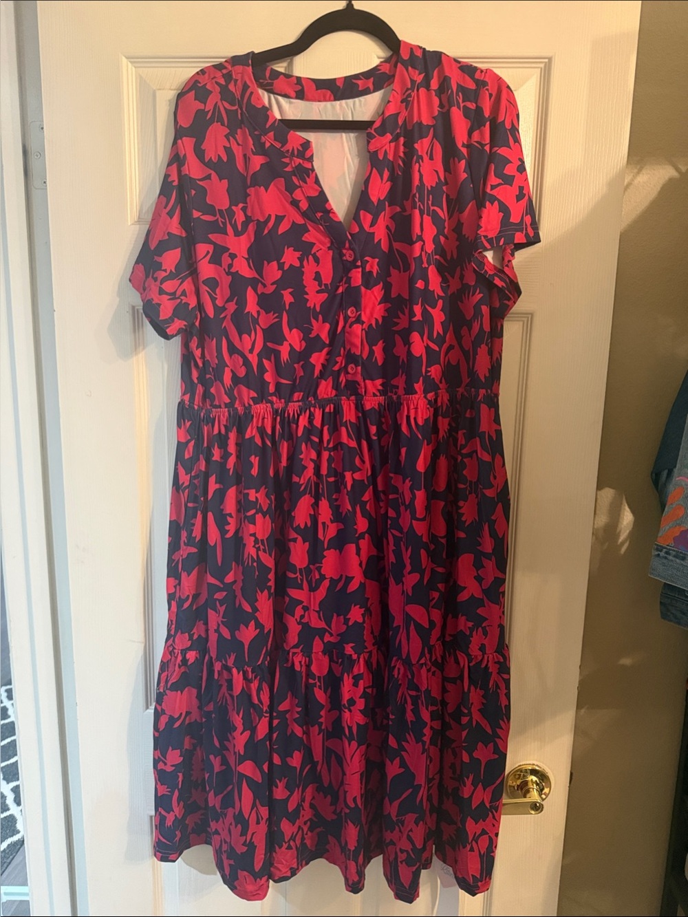 Women's Pink Floral Midi Dress - Navy Background